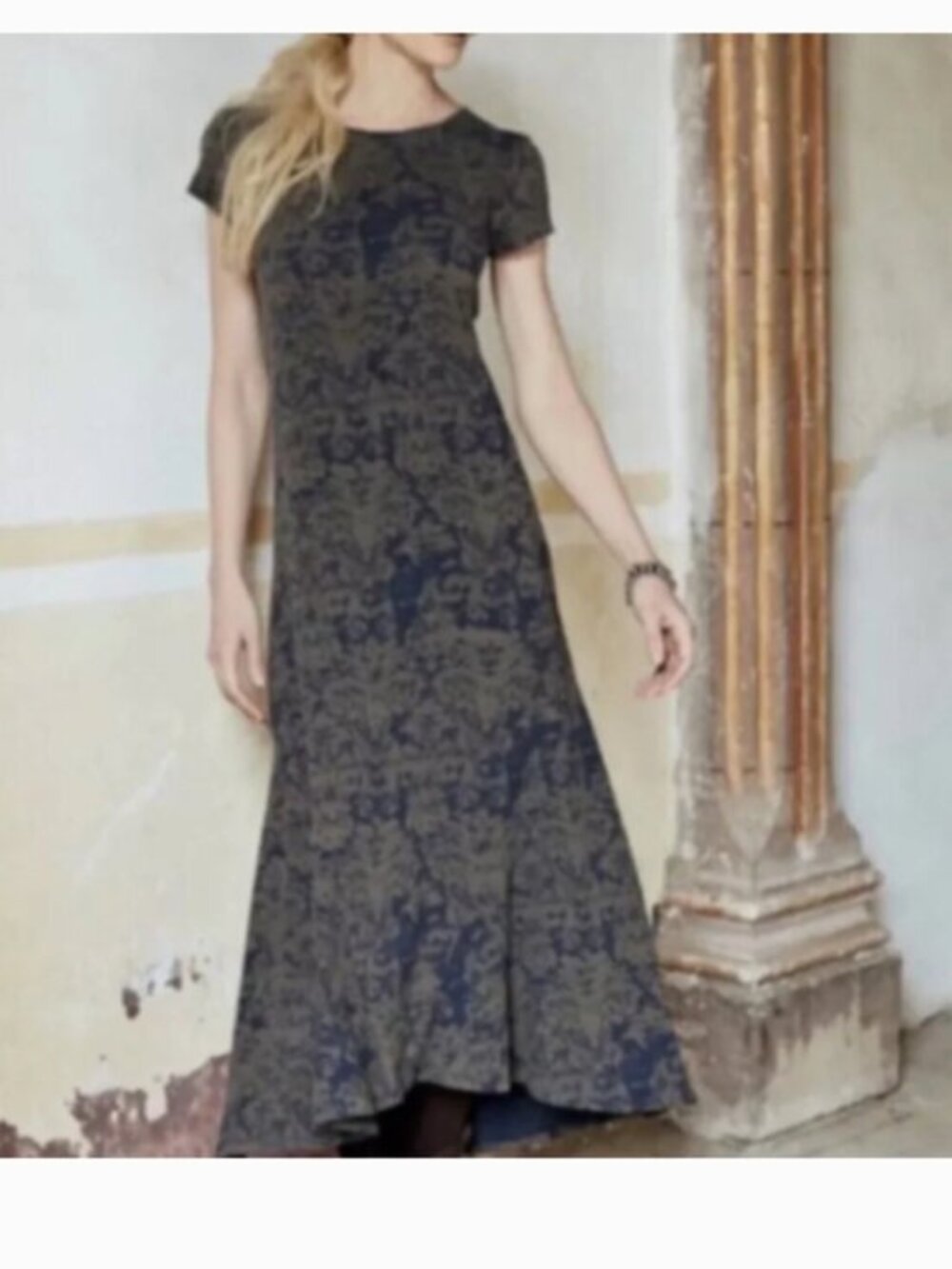 Peruvian Connection Eleonora Blue Walnut Brocade Maxi Short Sleeve Dress Size XS